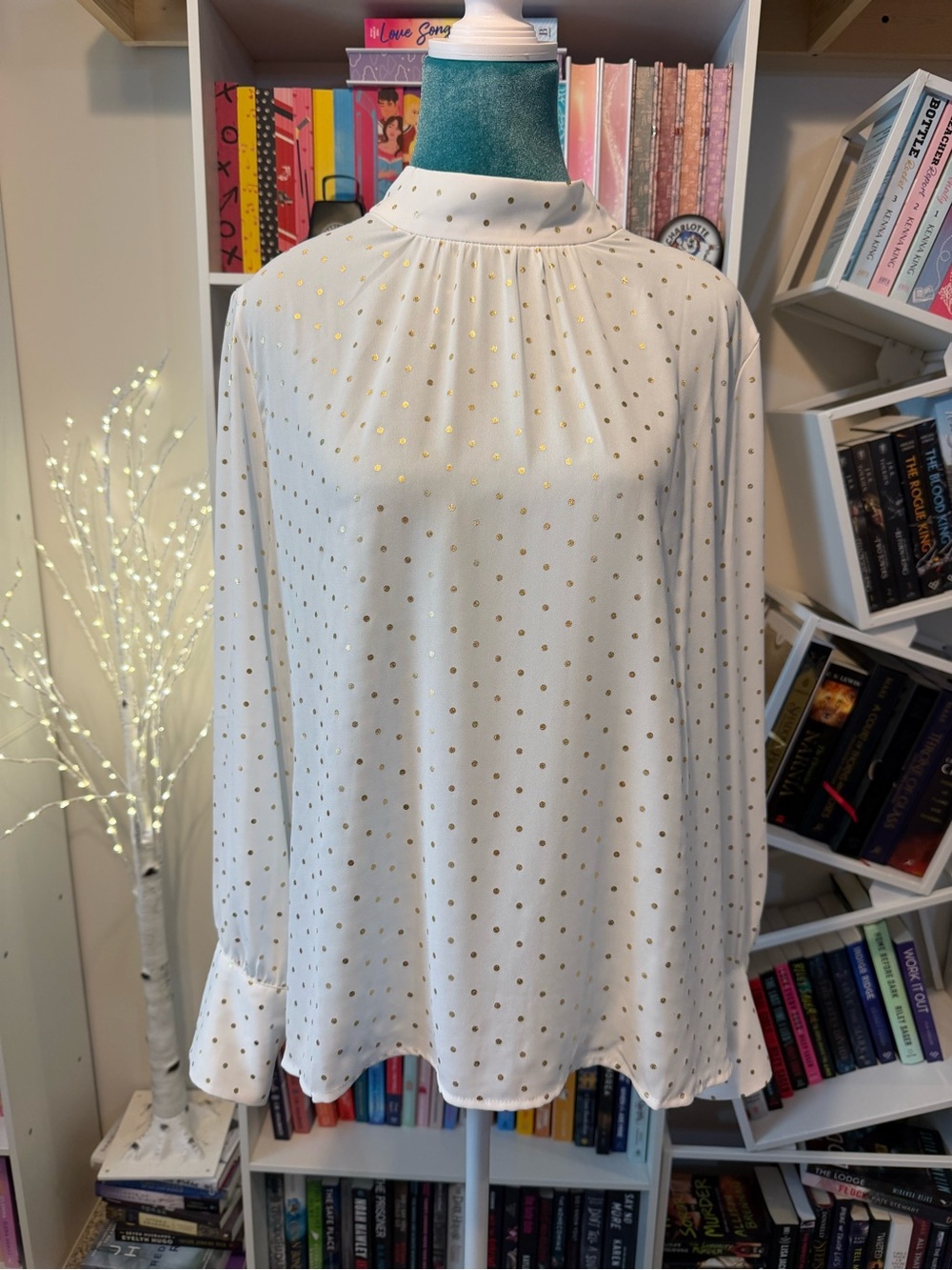 J Crew Women's White Long-Sleeve Blouse with Gold Dot Detail